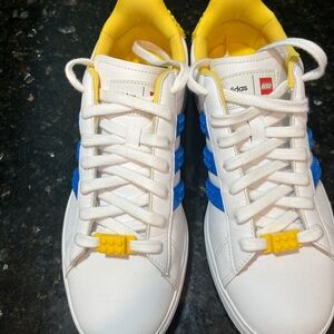 adidas White and Blue LEGO Sneakers with Yellow Accents